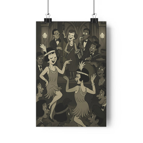 Poster danse joyeuse art déco costumes élégants chapeaux bijoux smoking lumière miroirs gris vintage linear style festive salon chambre