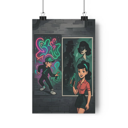 Poster moderne homme en costume femme en robe graffiti coloré mur de briques tension sourire salon chambre bureau