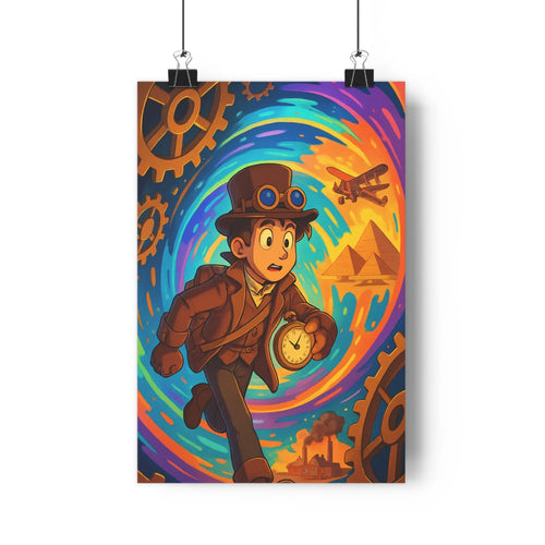 Poster steampunk exploration mécanique horloges avion pyramide industrie couleurs vives cartoon ambiance fantastique salon chambre