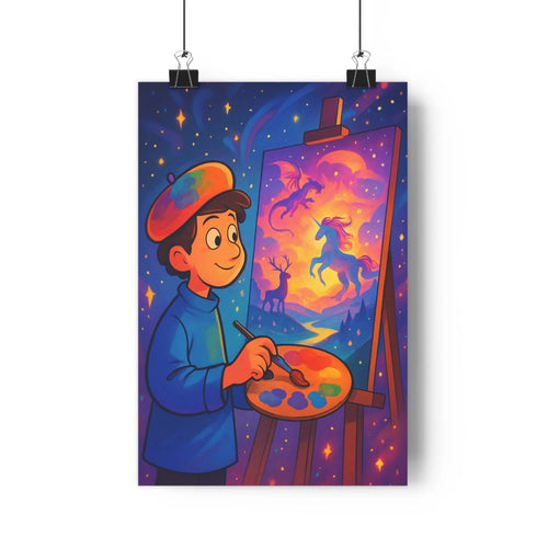 Poster artiste concentré peinture fantastique béret veste pinceau palette étoiles cerf licorne dragon table livres crayons pomme de pin bleu