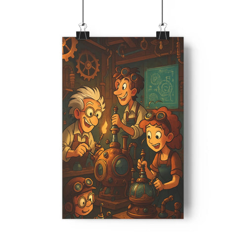Poster steampunk cartoon travail equipe machine mécanique lunettes tabliers outils controle industriel couleurs terreuses ambiance joyeuse déco chambre salon