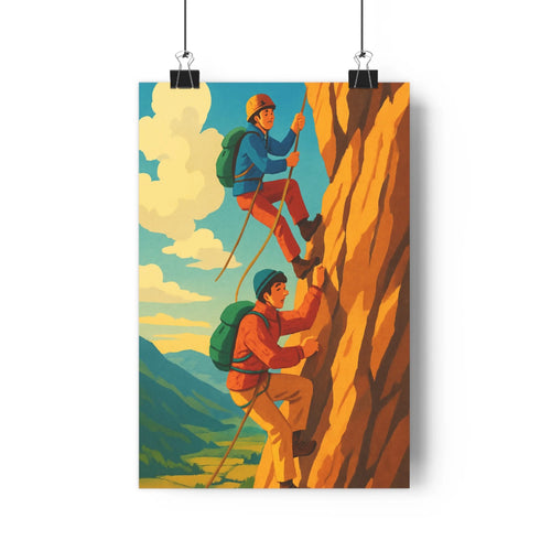 Poster alpinistes montagne falaise piolets nuages ciel bleu vêtements oranges rouges popart dynamique bureau chambre