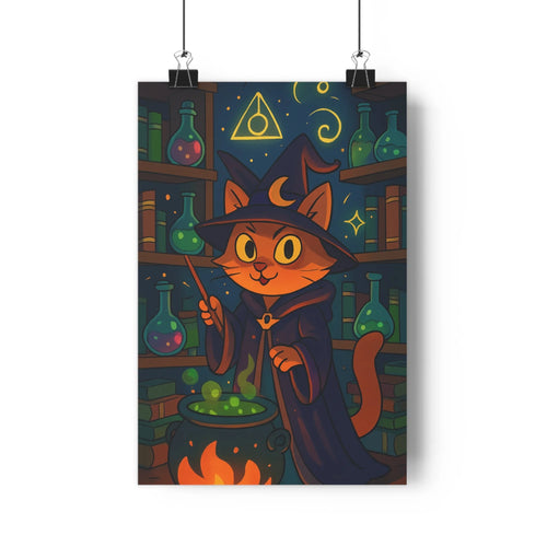 Poster magique chat sorcier potions étagères lune étoiles nuit verte bleue dorée cartoon détaillée mystérieuse chambre bureau