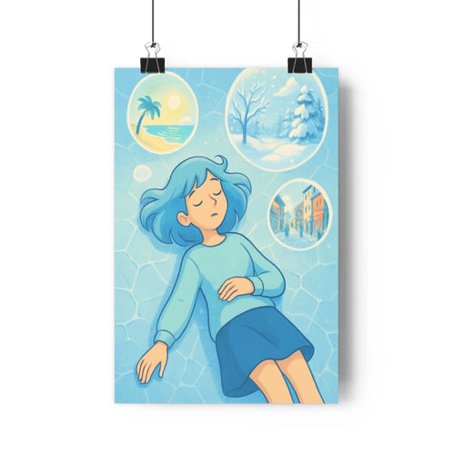 Poster féminin rêve bleu géométrique plage hiver rue plantes objets décoration élégance simplicité réflexion intimité salon chambre
