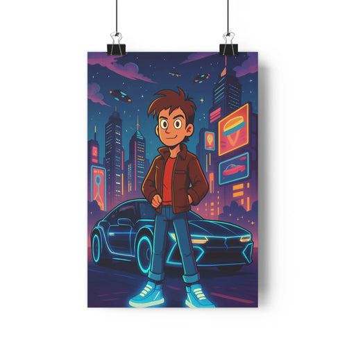 Poster homme voiture future ville nuit bleu orange lumières gratte-ciels publicités moderne vibrant chambre bureau
