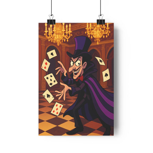 Poster mystique baroque cartes jouant chapeau haut de forme cape violette lustres dorés colonnes arches intérieur luxueux ambiance magique salon