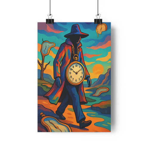 Poster mystérieux manteau multicolore horloge pendante nuages colorés montagnes arbres stylisés bleu vif orange rouge style moderne abstrait forme fluide