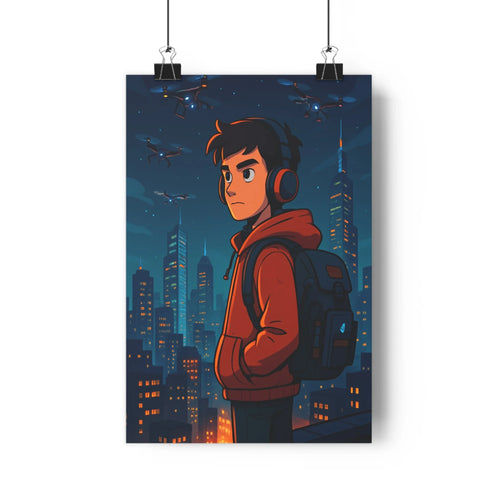 Poster décoratif urbain explorateur moderne vibrant cartoon orange lumineux chambre dynamique tendance aventure ambiance