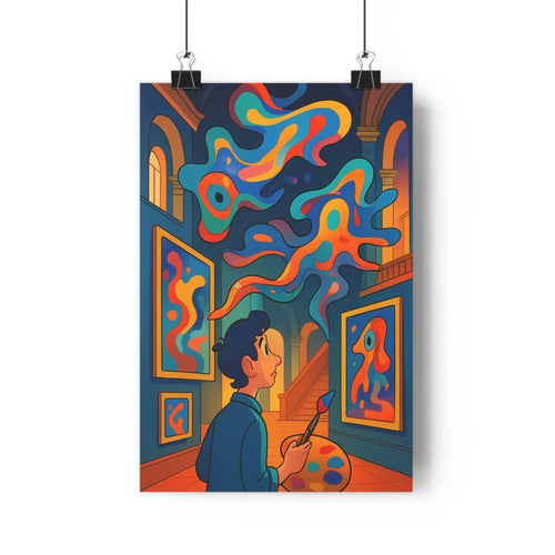 Poster artiste peignant palette couleurs abstraites bleues rouges jaunes cadres dorés colonnes escaliers ambiance élégante culturelle moderne fluides dynamiques salon