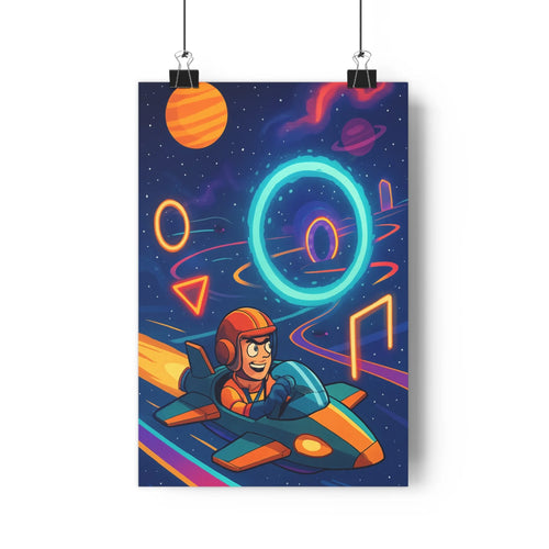 Poster illustré astronaute fusée espace bleu nuit étoiles planètes anneau lumineux motifs géométriques plante verte vases gris livres cône pin
