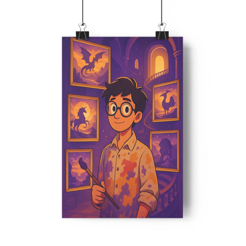 Poster mystique enfant brosse créatures fantastiques intérieur violet orange cadres dorés ambiance magique chemisier rayé style cartoon détails nets