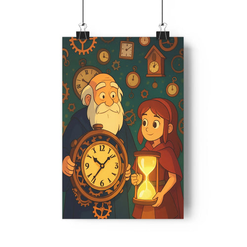 Poster steampunk horloge lampe barbe longue jeune fille cheveux rouges motifs mécaniques ambiance vintage couleurs chaudes contours nets détails soignés