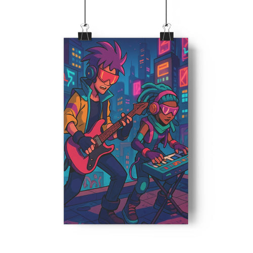 Poster urbain futuriste musique synthétiseur guitare électrique néons vibrants gratte-ciels décontractés couleurs vives lunettes soleil ambiance cyberpunk style moderne dynamique
