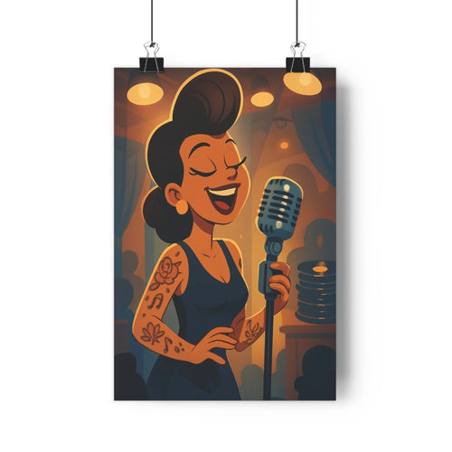 Poster jazz rétro femme chanteuse micro vintage haut noir chapeau tatouage floral disques vinyle club lumière dorée ambiance festive salon