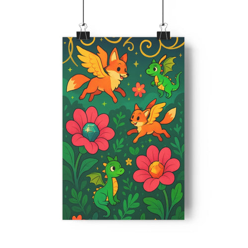 Poster enchanté créatures volantes renarde dragon fleurs roses vertes fond vert motif doré ambiance joyeuse style cartoon chambre salon