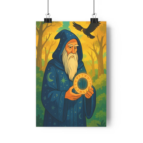 Poster sorcier robe bleue anneau doré forêt arbres feuilles vertes corbeau volant ambiance mystique magique cartoon simple détaillé chambre salon