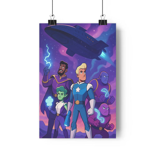 Poster futuriste personnages bleu violet ciel étoilé vaisseau spatial nuages lumineux table objets plante verte ambiance mystérieuse chambre salon