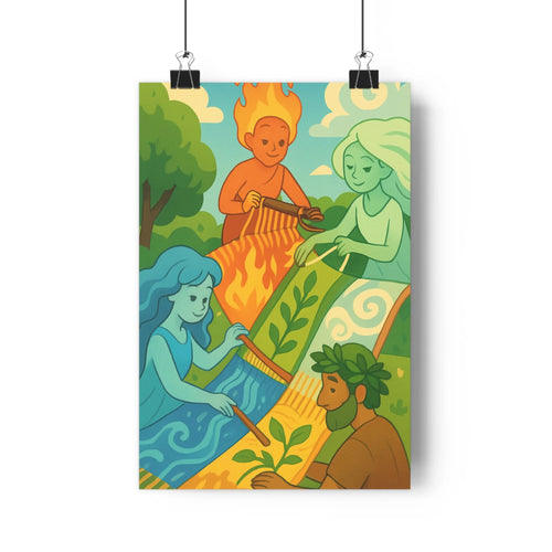 Poster naturelle personnages artisanat tissus motifs floraux ciel bleu arbres nuages concentration simplicité coloré formes arrondies salon chambre harmonieux