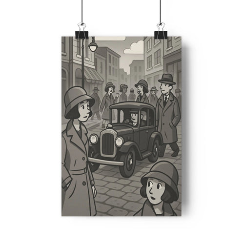 Poster urbain femmes chapeaux manteaux homme voiture ancienne bâtiments lampadaires rue pavée gris noir blanc style vintage monochrome vie quotidienne