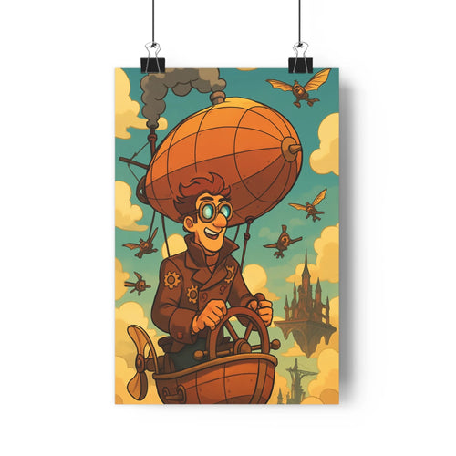 Poster steampunk aventure ballon dirigeable ciel bleu nuages oiseaux château couleurs vives style cartoon détails simples ambiance légère fantastique salon