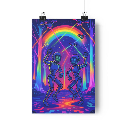 Poster danseurs joyeux foret fantaisie arbres multicolores arc en ciel contours nets couleurs vives ambiance festive style moderne chambre bureau