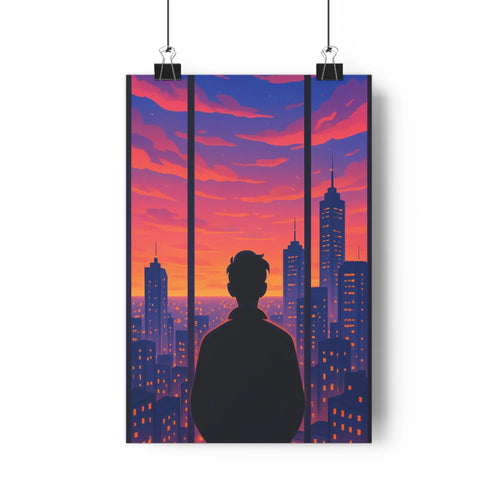 Poster urbain crépuscule rose violet horizon bleu silhouette homme lumières dorées nuages plantes vertes table basse ambiance paisible chambre salon