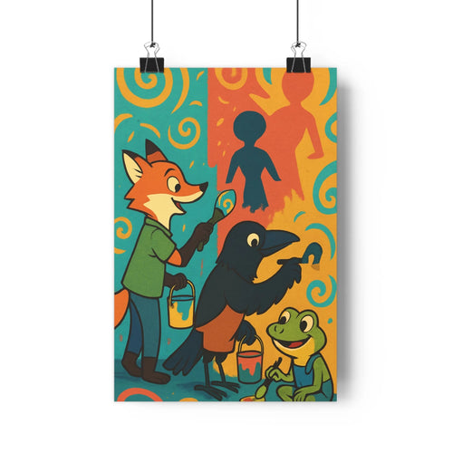 Poster renard corbeau grenouille pinceaux peinture bleu orange motifs spirales joyeuse ambiance cartoon simple vêtements salon chambre