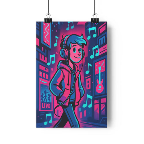 Poster homme écouteurs veste bleue rose ville buildings notes musicales ambiance festive moderne dynamique joyeuse chambre salon