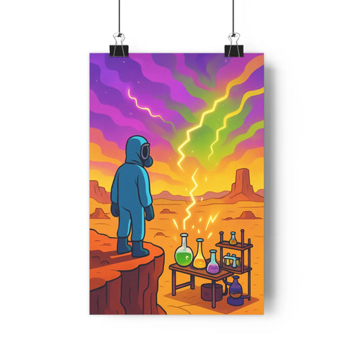 Poster vibrant ciel nuageux éclairs colorés combinaison spatiale désert flacons scientifiques ambiance mystérieuse cartoon dynamique chambre salon
