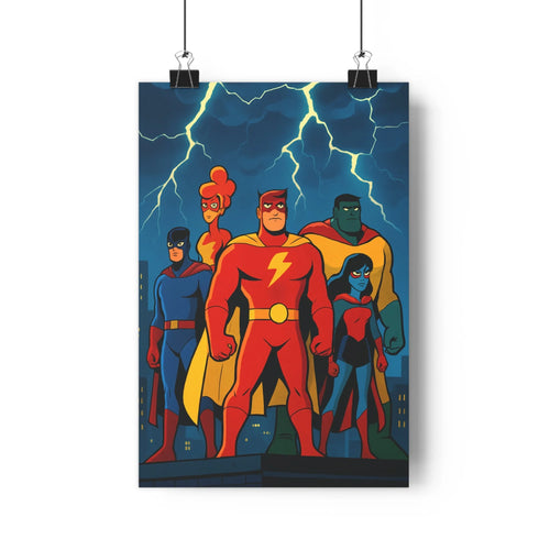 Poster superhéros nuit rouge bleu jaune contours net éclair foudre ambiance dramatique courage protection chambre salon