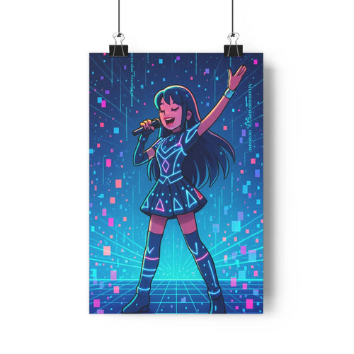 Poster chanteuse robe géométrique bottes futuriste carrés colorés mouvement plante verte étagère blanche ambiance musicale moderne dynamique chambre bureau art
