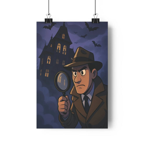 Poster mystère manoir détective loupe chauvesouris nuit plante verte étagère vieux château ombres douces ambiance gothique salon chambre cartoon