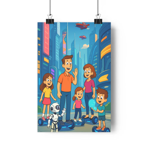 Poster famille joyeuse hoverboards robot ville future gratte-ciels couleurs vives ambiance positive cartoon chambre enfant dynamique technologies avancées