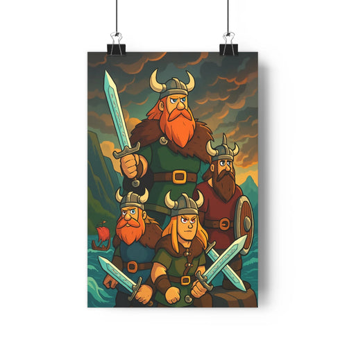 Poster épique guerriers nordiques falaise épées chevelure longue casques cornes tenue verte ceintures marron ciel nuageux bleu rouge crépuscule montagnes