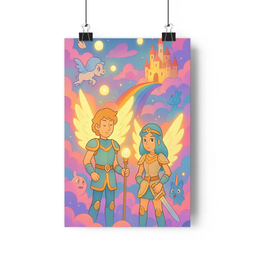 Poster enchanté féerique nuages colorés arc en ciel château poney volant costumes dorés bleus épée torche ambiance douce conte
