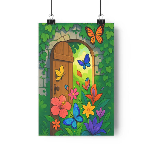 Poster magique cartoon portes arc pierre végétation paysage fleurs papillons contours nets détails fins ambiance joyeuse verte bleue salon chambre