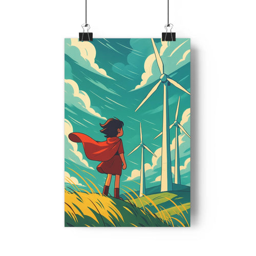 Poster femme cape rouge robe blanche éoliennes champ blé ciel bleu nuages blancs modernes minimaliste harmonieux nature énergie renouvelable salon