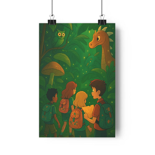 Poster enfants foret exploration champignon hibou dragon nature verte ludique cartoon aventure mystère arbre ambiance chambre