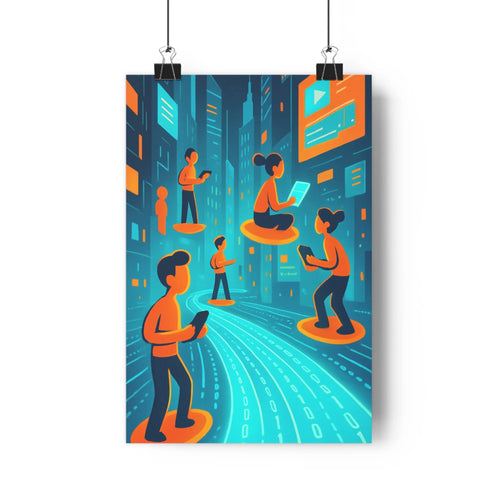 Poster urbain futuriste personnages interactifs numériques disques orange environnement architectural bleu fenetres lumineuses vêtements simples smartphones ambiance technologique connectée moderne