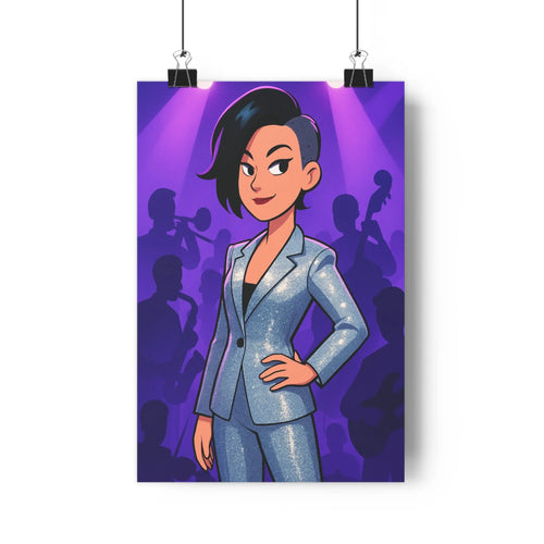 Poster femme assurée tailleur violet scène concert musiciens lumières graphisme cartoon ombres douces ambiance festive pièce de vie salon chambre