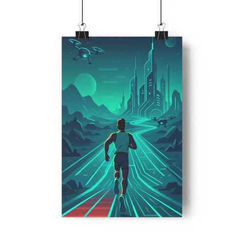 Poster course lumière paysages rocheux drones structures futuristes ciel étoiles disque lumineux bâtiments modernes teintes bleues vertes touches rouges style