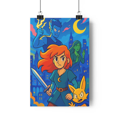 Poster féminin épée compagnon magicien ville nuit lumières dorées croissant lune animaux fourrés tension aventure chambre salon