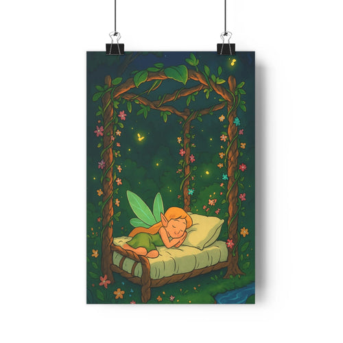 Poster féerie fée dormir lit suspendu forêt nuit feuilles fleurs robe verte oreiller beige lumière luciole calme romantique rêve paisible