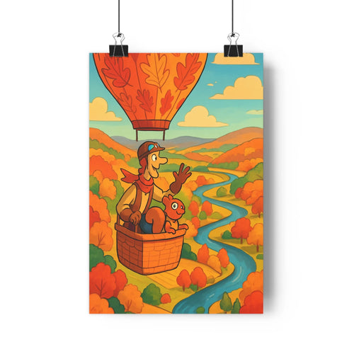 Poster ballon chaud feuilles automne personnages animal vallée collines foret verte plantes livres étagère ambience joyeuse couleurs chaudes cartoon simple