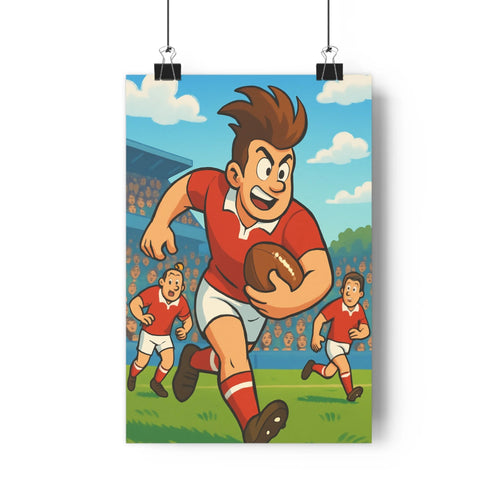 Poster sportif rugby joueur maillot rouge blanc stade spectateurs gradins ciel bleu nuages vibrant cartoon expressions faciles intense mouvement salon
