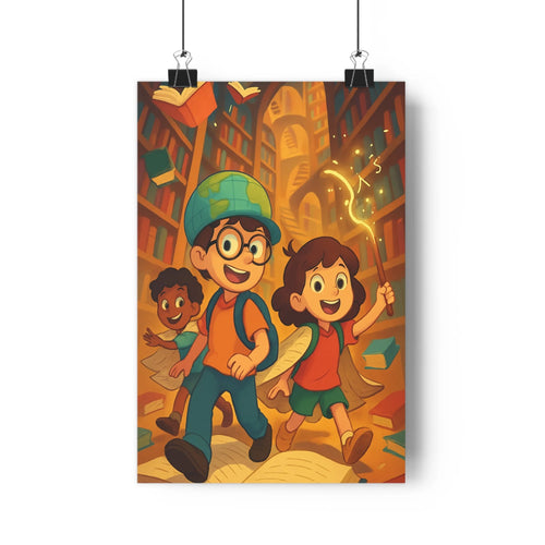 Poster enfants joyeux bibliothèque livres volants aventure magique couleurs chaudes style cartoon léger découvrant connaître chambre étude exploration festive