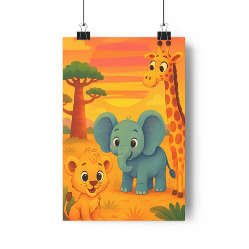 Poster safari animaux sauvages éléphant lion girafe coucher soleil baobabs savane cartoon joyeux couleur verte orangé marron