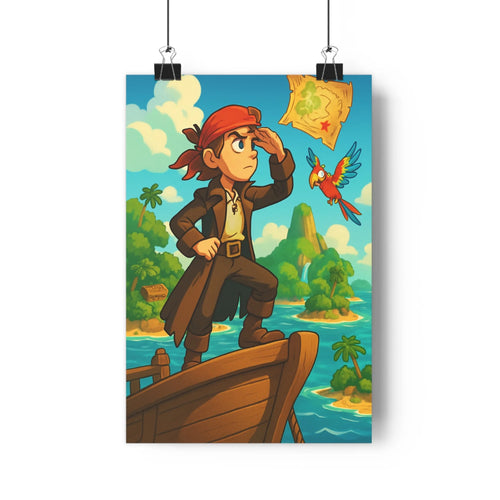 Poster marin aventurier perroquet bateau océan îles palmiers ciel bleu nuages verte cartographie aventure exotique coloré cartoon salon chambre