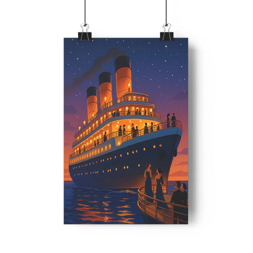 Poster paquebot illuminé ciel étoile océan calme pont personnes ambiance nostalgique graphique vintage bleu rose paisible luxueux salon chambre