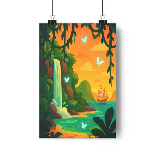 Poster tropical cascade papillon soleil couchant jungle végétation exotique bateau eau calme ambiance paisible style cartoon vert orange décoration chambre